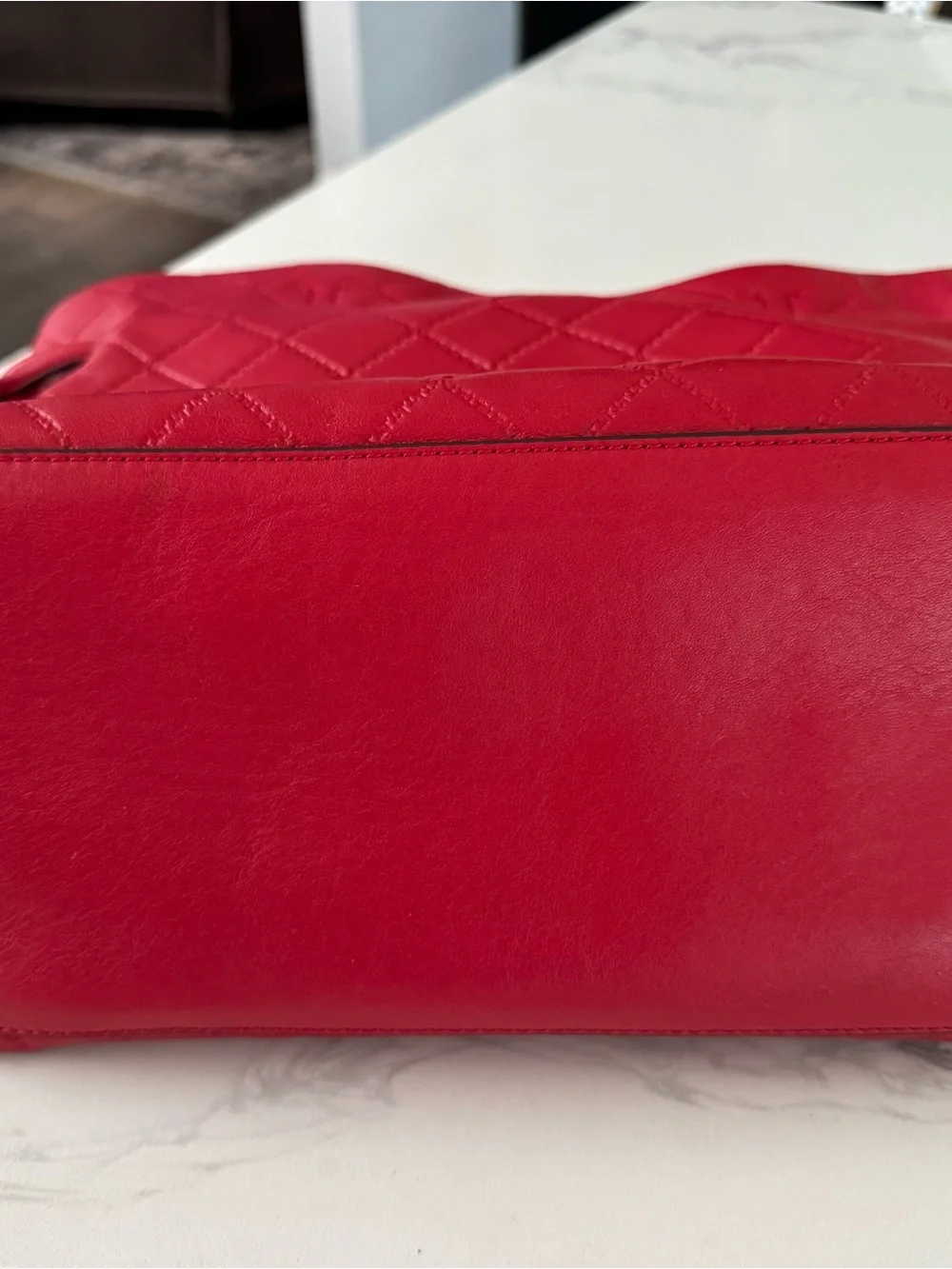 Tory Burch Georgia Slouchy Red Quilted Leather Tote with Gold Logo